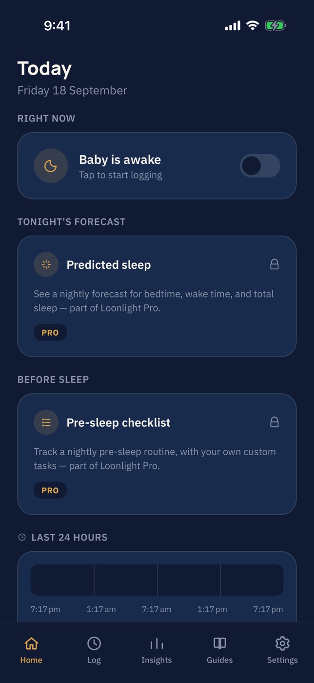 Loonlight home screen with the sleep-logging toggle and the last 24 hours