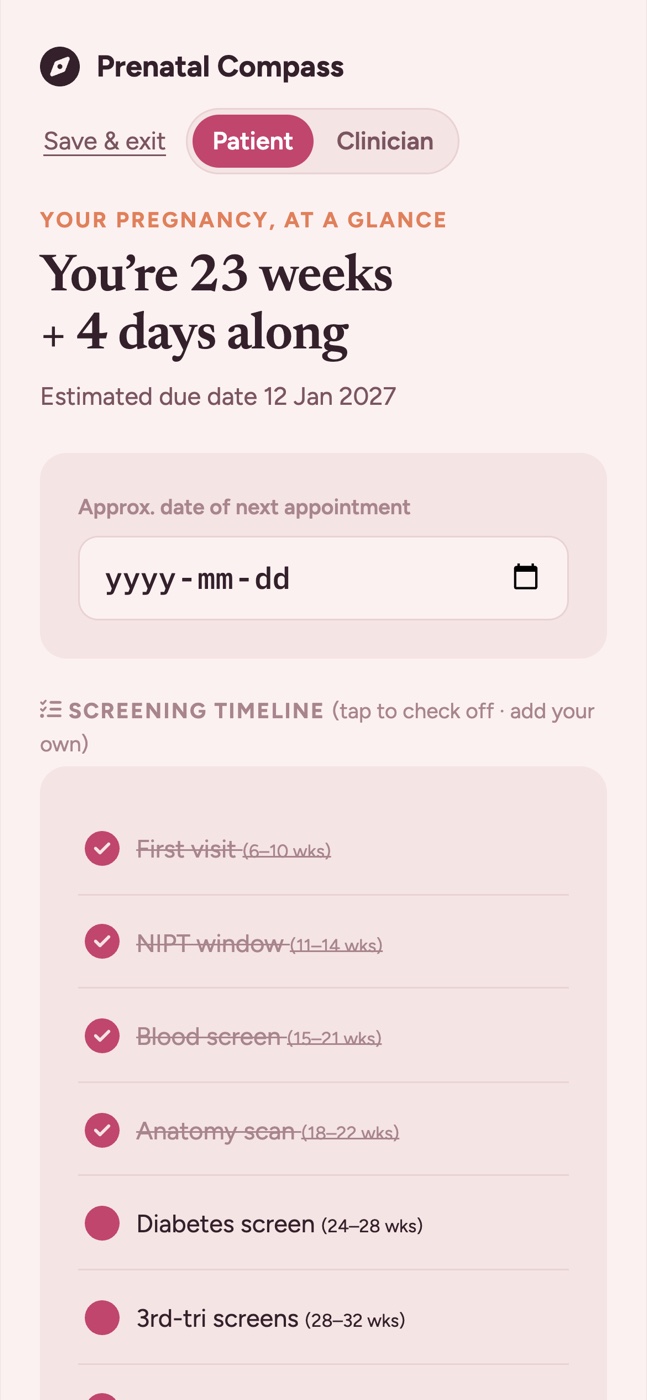 Prenatal Compass dashboard showing weeks pregnant and a screening timeline